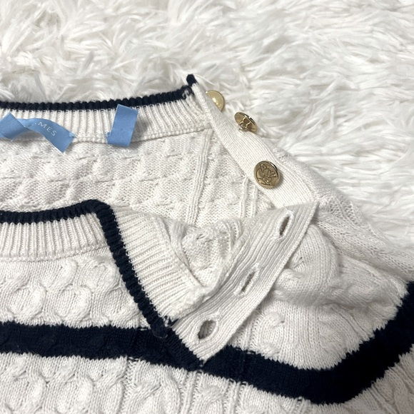 Draper James White Navy Nautical Stripe Cable Knit Crewneck Sweater - Size XS - Picture 7 of 7